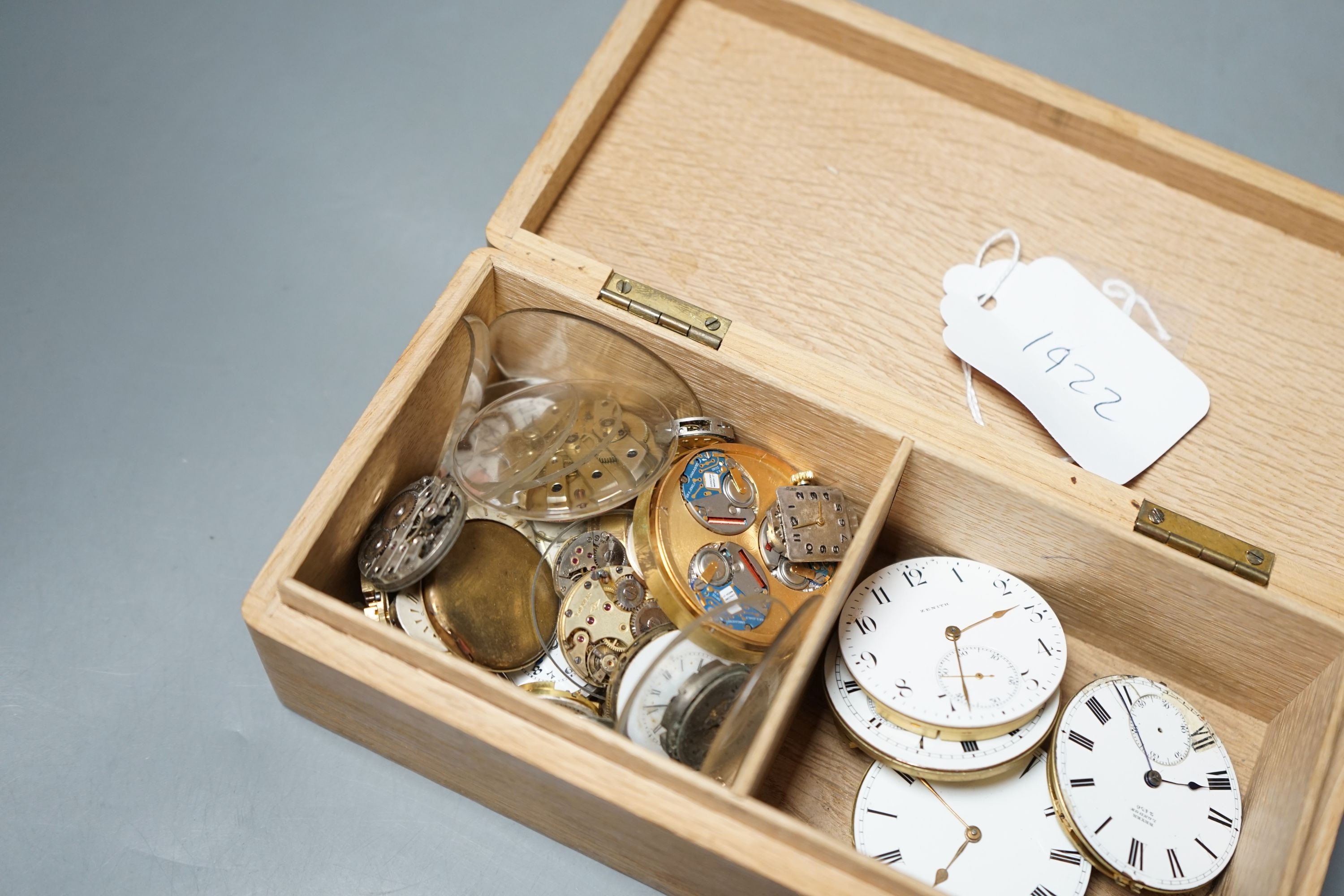 A small group of assorted wrist and pocket watch movements and dials, including Zenith.